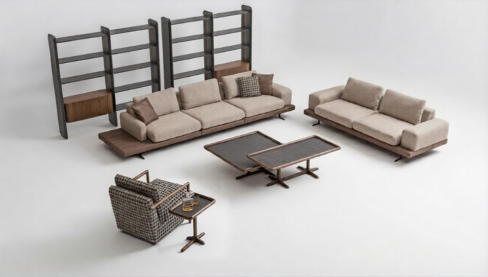 Braunes Textil Sofa Set Wohnzimmer Couche Dreisitzer Luxus Holzmöbel
