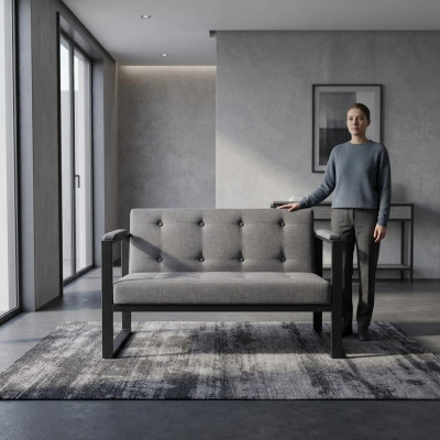 Designer Graue Sitzbank Zweisitzer Textilbezug Büro Einrichtungsmöbel