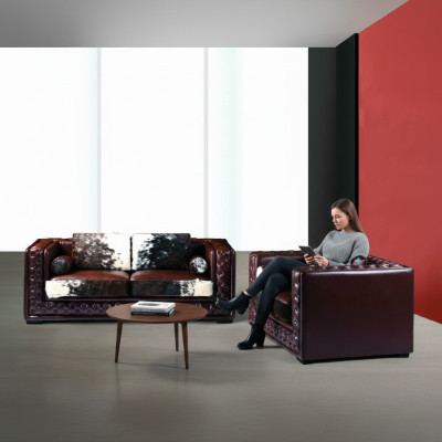 Dunkelrote Chesterfield Sofagarnitur 3+2 Sitzer 2tlg. Leder-Set mit Ponyfell 