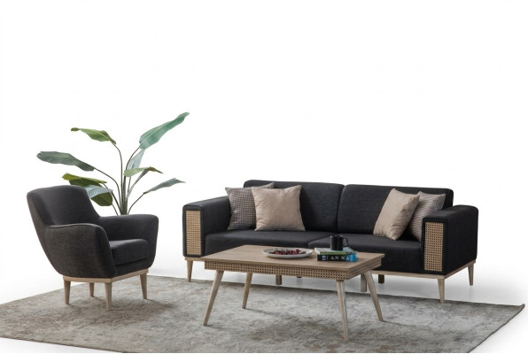 Grauer Wohnzimmer Set Luxus Dreisitzer Polster Sessel Stil Textil Möbel