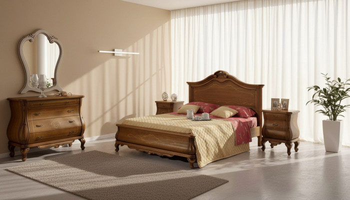 Braunes Schlafzimmer Set Bett 2x Nachttische Kommode Spiegel Klassisch