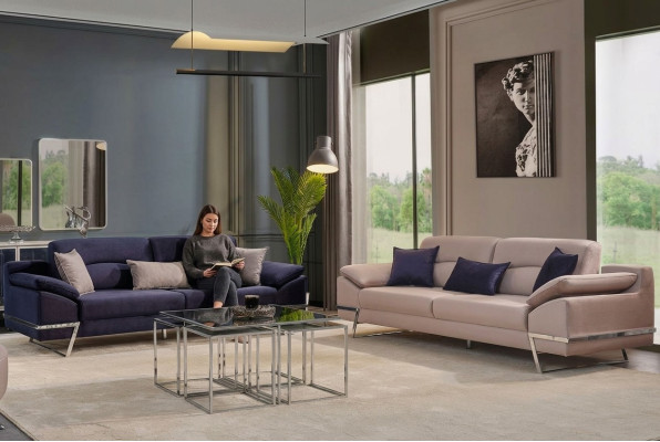 Dreisitzer Garnitur Sofagarnitur 33 Sitzer Stoff Luxus Blau Set GArnituren