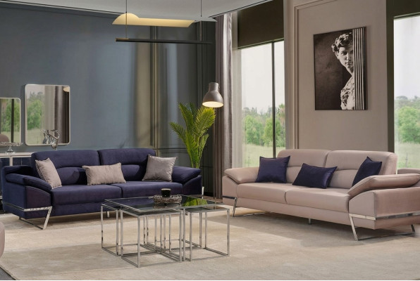 Dreisitzer Garnitur Sofagarnitur 33 Sitzer Stoff Luxus Blau Set GArnituren