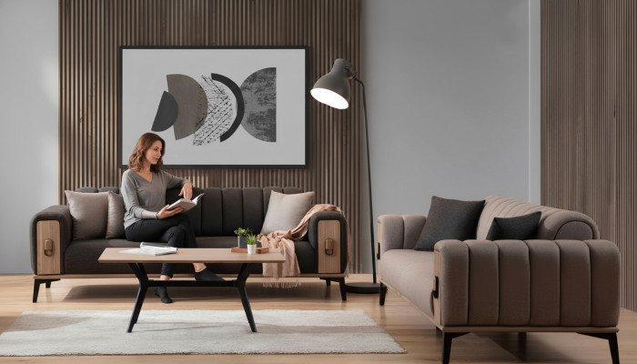 Braune Couchgarnitur 2x Dreisitzer Luxus Set Möbel Sofas Couchen Holzgestell