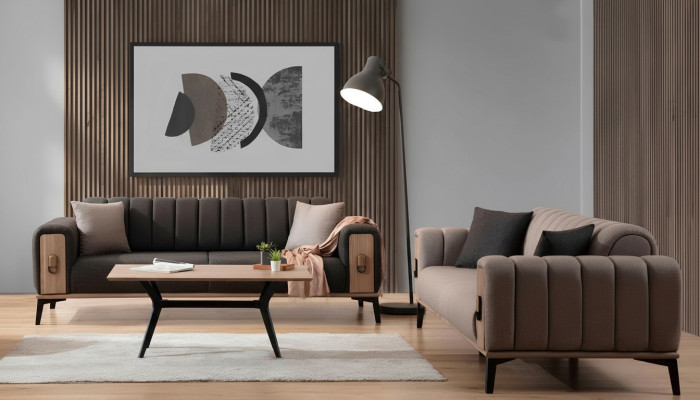 Braune Couchgarnitur 2x Dreisitzer Luxus Set Möbel Sofas Couchen Holzgestell