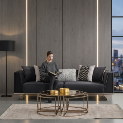 Dreisitzer Sofa Polstersofa Moderne Blau Sofas Stoffsofa Holz Stoff