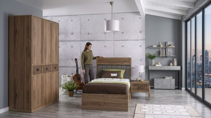 Bett Holzbett mit Bettkasten Garnitur Jugendbett Holz Braun Set 3tlg