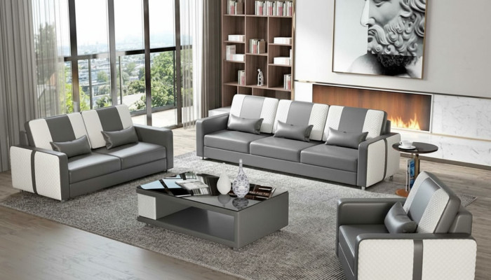 Komplette Sofa Sofagarnitur Luxus Couchgarnitur Grau Kunstleder 321