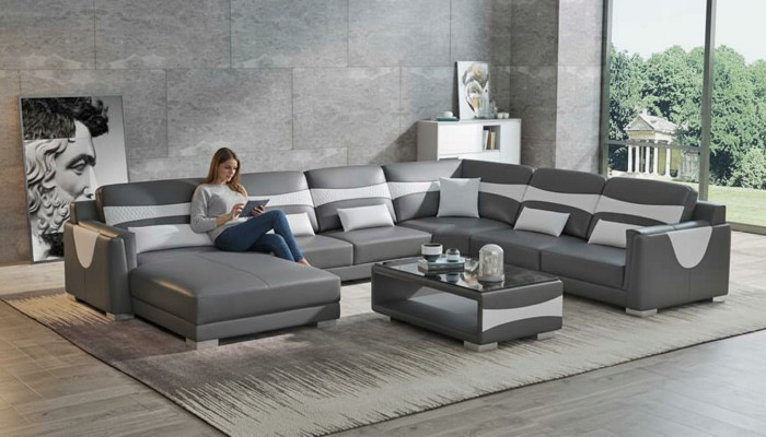 Wohnlandschaft Sofa U Form Groß Ecksofa Ledersofa Grau Kunstleder Neu