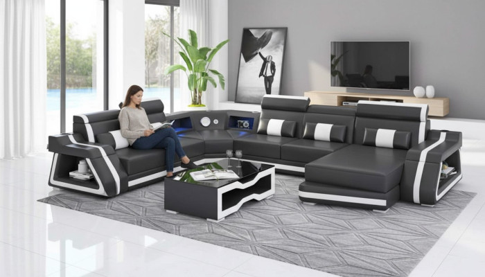 Groß Ecksofa Wohnlandschaft XXL Sofa U Form Ledersofa Schwarz Sofas