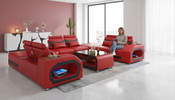 Design Wohnlandschaft Großes Sofa XXL U Form Ecksofa Ledersofa Rot LED