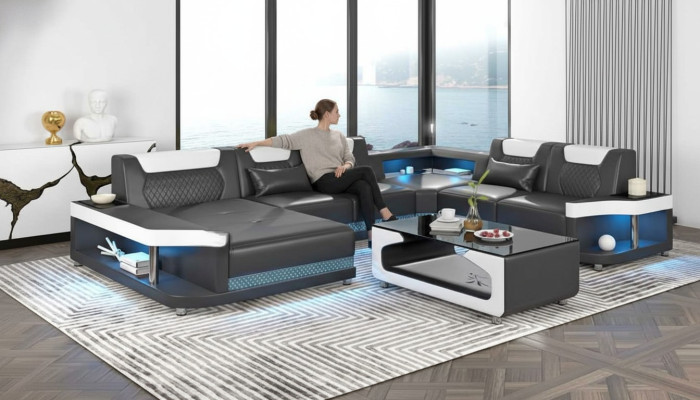 Großes Sofa Wohnlandschaft LED XXL U Form Ecksofa Ledersofa Schwarz