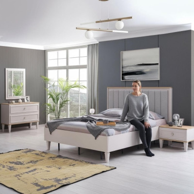 Modern Schlafzimmer Garnitur Doppelbett Bett Nachttische Grau Holz Set 5tlg