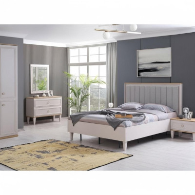 Modern Schlafzimmer Garnitur Doppelbett Bett Nachttische Grau Holz Set 5tlg