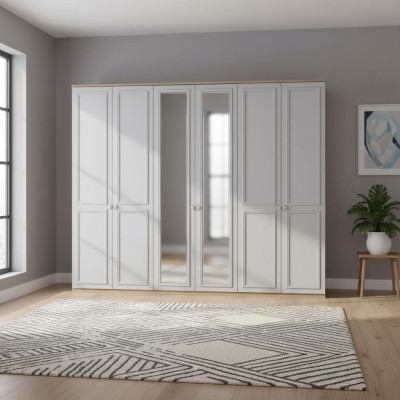Schlafzimmerschrank Kleiderschrank Schrank Grau Holz Spiegel 6 Türen
