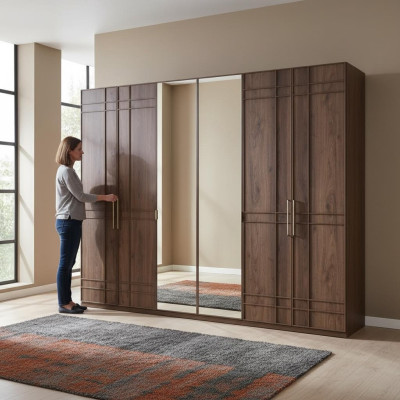 Kleiderschrank Schlafzimmerschrank Schrank Braun Holz Spiegel 6 Türen