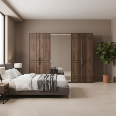 Kleiderschrank Schlafzimmerschrank Schrank Braun Holz Spiegel 6 Türen