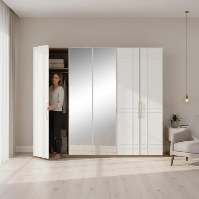 Schränke Kleiderschränke Kleiderschrank Weiß Holz Spiegel 6 Türen Neu 