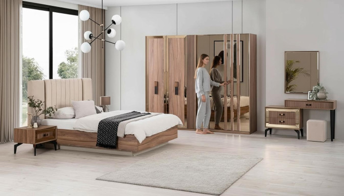 Luxus Doppelbett Schlafzimmer Garnitur Bett Holz Set 7tlg Braun Modern