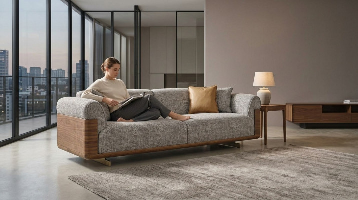 Dreisitzer Sofa 3 Sitzer Polstersofa Grau Stoff Polyester Couch Modern