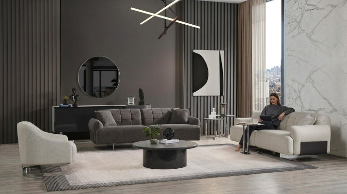 Komplette Polstersofa Couchgarnitur Sofagarnitur Grau Stoff Stoffsofa