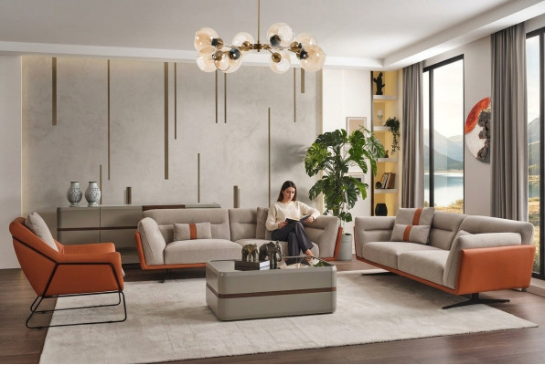 Couchgarnitur Sofagarnitur Komplette Polstersofa Orange Stoffsofa