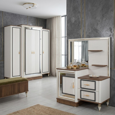 Schminktisch Garnitur mit Spiegel Holz Schlafzimmer Beige Konsole Set