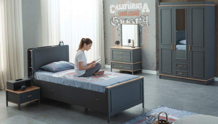 Kinderbett Kinderzimmer Kindermöbel Garnitur Bett Grau Holz Set 5tlg
