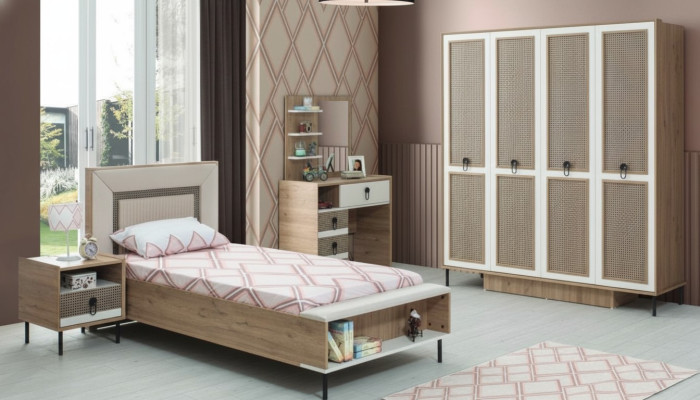 Garnitur Kinderzimmer Bett Kinderbett Kindermöbel Braun Holz Set 5tlg