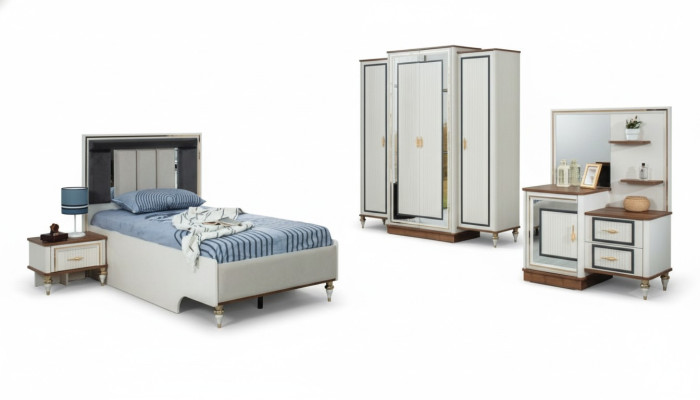 Garnitur Kinderzimmer Bett Kinderbett Kindermöbel Weiß Holz Set 5tlg