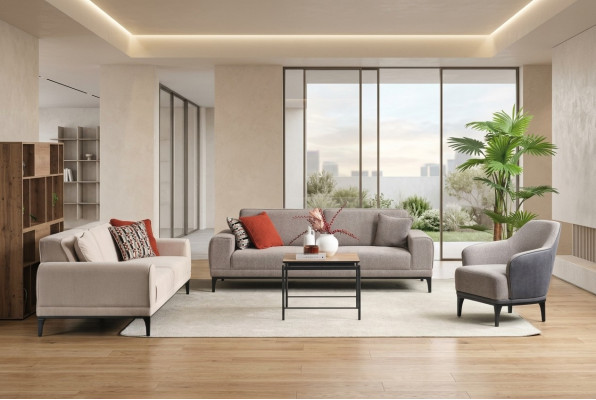 Sofagarnitur Dreisitzer Einsitzer Sessel Sofa Stoff Grau Stoffsofa Set 3+3+1