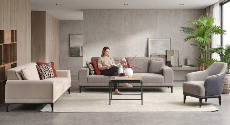 Garnitur Dreisitzer Zweisitzer Sessel Sofa Stoff Grau Stoffsofa Set 3+2+1