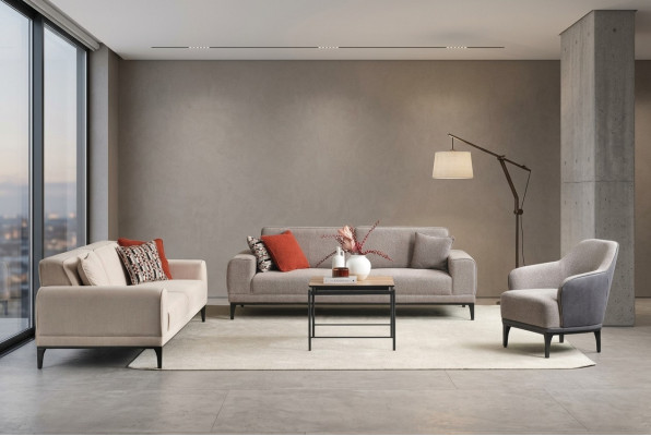 Garnitur Dreisitzer Zweisitzer Sessel Sofa Stoff Grau Stoffsofa Set 3+2+1