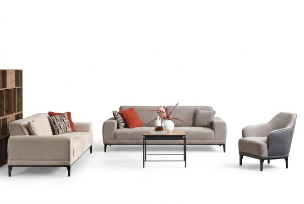 Garnitur Dreisitzer Zweisitzer Sessel Sofa Stoff Grau Stoffsofa Set 3+2+1