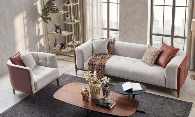 Modern Garnitur Dreisitzer Sessel Sofa Stoff Grau Polstersofa Set 3+1 Sitzer