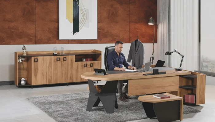 Garnitur Büro Schreibtisch Bürotisch Set 4tlg Holz Braun Kommode Groß