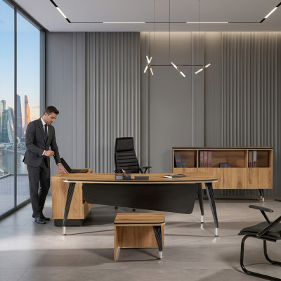 Eckbürotisch Arbeitszimmermöbel Komplettbüro Büro 3tlg Holz Braun Set