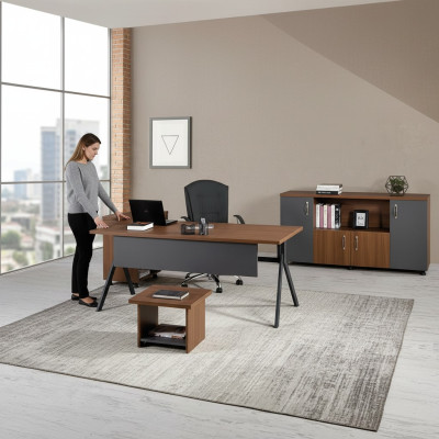 Arbeitszimmermöbel Komplettbüro Eckbürotisch Set 3tlg Holz Grau Tisch