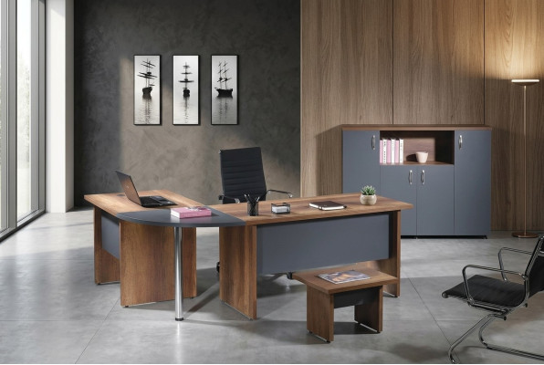 Computermöbel Arbeitstisch Büromöbel Eckbürotisch 3tlg Holz Set Grau