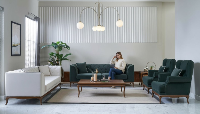 Sofagarnitur Dreisitzer Sessel Zweisitzer Stoffsofa Grün Polstersofas
