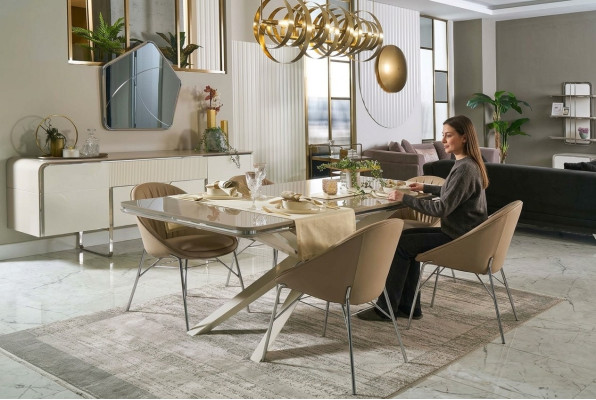 Essgruppe Esszimmermöbel Holz Esstisch Essecke Beige Esszimmer 9tlg