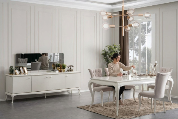 Essgruppe Essecke Esszimmer Esstisch Holz Weiß Set 7tlg Sideboard