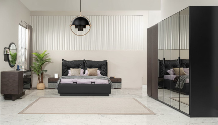 Doppelbett Garnitur Schlafzimmer Bett Nachttische Schwarz Set 6tlg