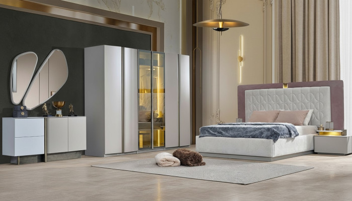 Komplette Schlafzimmermöbel Doppelbett Bett Weiß Luxus Set 7tlg Holz