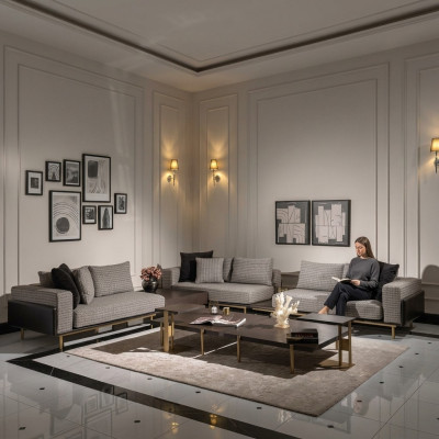 Wohnzimmer Garnitur Sofa Couchtische 5tlg Stoffsofa Grau Holz Set
