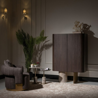 Wohnzimmer Komplette Sesssel Beistelltische 4tlg Stoff Braun Holz Bar
