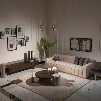 Luxus Komplette Wohnzimmer Sofa Beistelltische 6tlg Stoff Beige Holz
