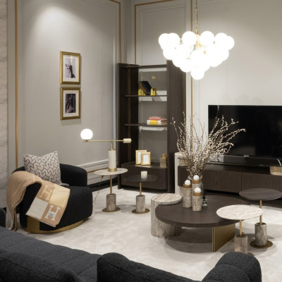 Großes Komplette Wohnzimmer Sessel Tische 7tlg Stoff Braun Holz Regale