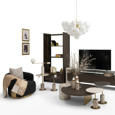 Großes Komplette Wohnzimmer Sessel Tische 7tlg Stoff Braun Holz Regale