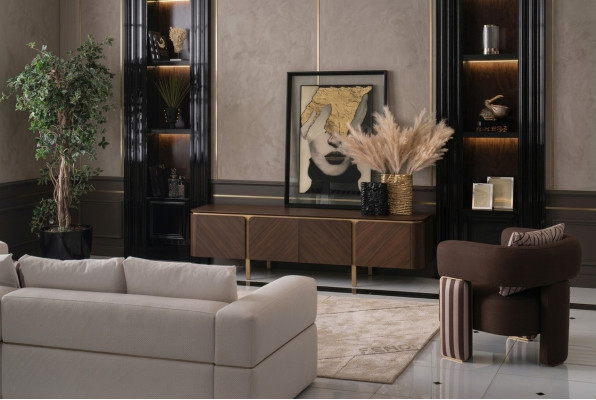 Garnitur Ecksofa Sessel Stoffsofa RTV Lowboard Beige Modern 3tlg Set